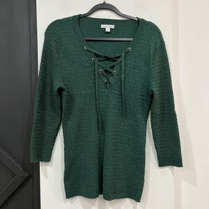 New York & Company Women’s Lace Up Green Glitter Sweater Size XL Festive